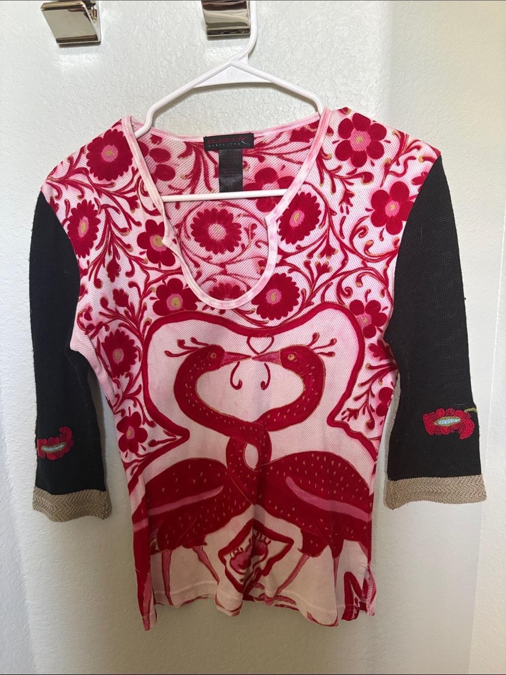 Custo Barcelona Bold Pink & Red Floral Birds Graphic Women's Top